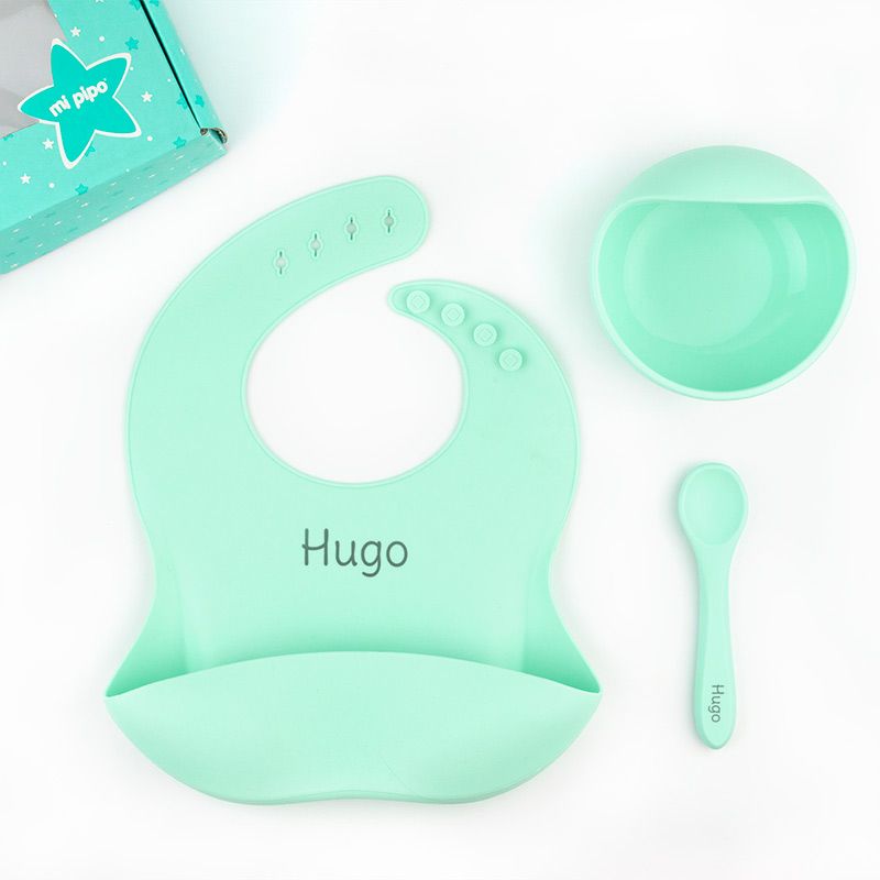 Pack vajilla silicona personalizada con nombre ALIZE - color verde menta