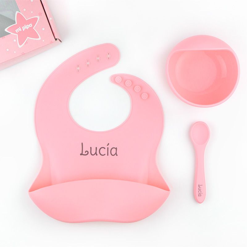 Pack vajilla silicona personalizada con nombre NAIA - color rosa