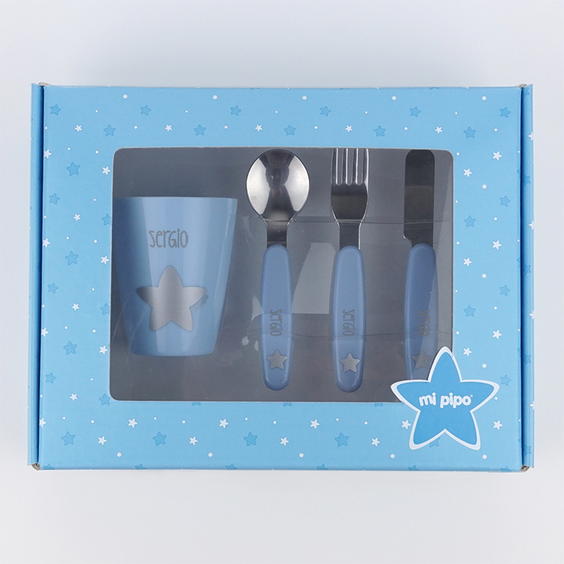 Set vasito y cubiertos personalizados con nombre JULEN